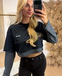 UNIQUE THE LABEL ESSY CROP LONGSLEEVE TOP - DARK NAVY/ GREY NAVY