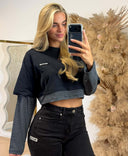 UNIQUE THE LABEL ESSY CROP LONGSLEEVE TOP - DARK NAVY/ GREY NAVY